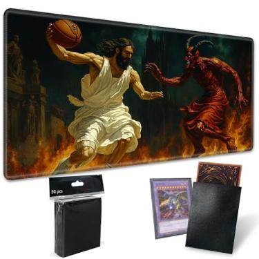 Imagem de Playmats for Magic: The Gathering MTG Card Game Mat Plus 50 Pcs Card Sleeves, 24" x 14" TCG Mat with Stitched Edge for Commander Deck Duskmourn Board Game, Jesus Play Basketball with The Devil