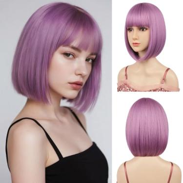 Imagem de Sarannala Peruca Bob com franja plana inclui touca de cabelo rosa lavanda de 30,5 cm, cabelo de fibra sintética resistente ao calor para mulheres, meninas, festa à fantasia de Halloween (rosa lavanda)