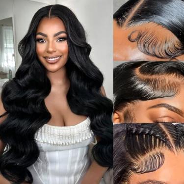 Imagem de Perucas de cabelo humano sem cola de 56 cm, 33 x 10 cm, pré-cortadas com cabelo de bebê, densidade de 210% 12 A, cabelo humano brasileiro ondulado, cabelo humano, preto natural HD transparente para