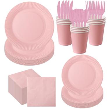 Imagem de 210 peças de pratos de papel rosa descartáveis suprimentos de festa – inclui pratos de jantar de 23 cm, pratos de sobremesa de 18 cm, copos de papel de 255 g, guardanapos, garfos de plástico, facas e