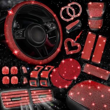 Imagem de NBTEPEM Conjunto de 30 peças de acessórios de carro vermelho brilhante para mulheres, conjunto de capa de volante vermelha, capa de console brilhante, almofada de cinto de segurança, almofada de botão