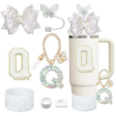 Imagem de Liangang Conjunto de acessórios de copo branco de 7 peças para Stanley 850 g 1,134 g, incluindo bota, tampa à prova de derramamento, capa de canudo de borboleta, letra adesiva, pingentes de letras