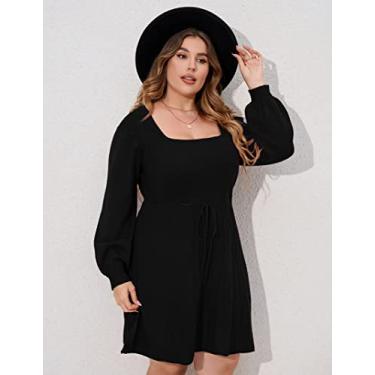 Imagem de ShopWonder Vestido suéter plus size feminino plus size A Line Wrap Sweater Dress em vestido suéter plus size outono, Preto 1 com cinto, XGG