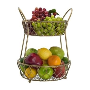 Imagem de Gourmet Basics by Mikasa Cesta de armazenamento de frutas redonda de metal de 2 camadas com laço e treliça, ouro fosco