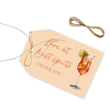Imagem de 50 etiquetas de agradecimento Love at First Spritz, etiqueta de presente de chá de panela Aperol Spritz com cordão para meninas, etiquetas de papel de agradecimento para coquetel cítrico para
