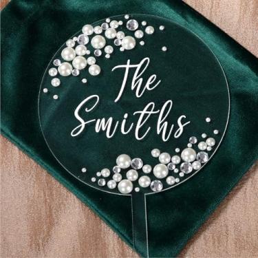 Imagem de Geelin Topo de bolo de casamento DIY acrílico redondo com adesivos de pérola e diamante, adesivo de transferência de carta e saco de cordão, decoração de festa de noiva e noivo para aniversário de