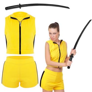 Imagem de Shihanee 3 Pcs Killer Cosplay Costume Set for Women Yellow Crop Top Shorts with Black Knife for Halloween Outfit Accessories (M)