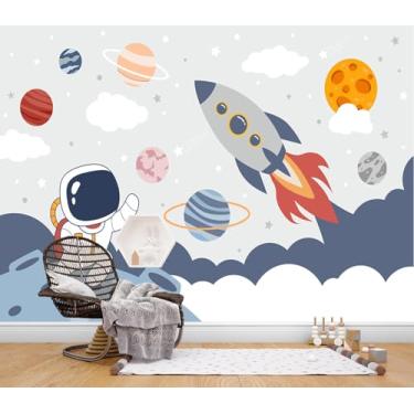Imagem de JHGRXFHB - Papel de parede infantil Galaxy com planetas astronautas legais e foguete de decolagem 348 x 259 cm
