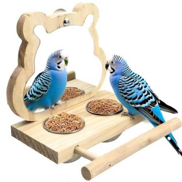 Imagem de Alimentador ecológico para pássaros com prato de aço inoxidável, poleiros de madeira natural e espelho – Fácil de limpar/refil para papagaio, calopsitas, periquitos, periquitos e pássaros pequenos