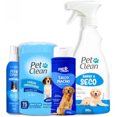 Imagem de Pet Clean Kit Banho a Seco Completo para Cães e Gatos, Banho a Seco 500ml, Talco 100g, Lenços Umedecidos 75 Unidades, Perfume 120ml, Masculino