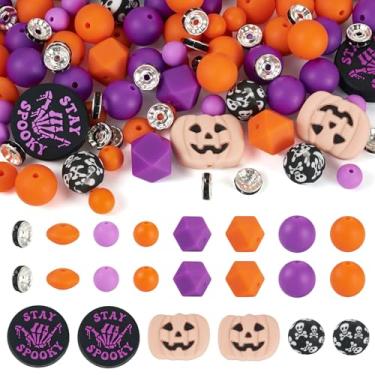 Imagem de Craftora Kit de contas de silicone de Halloween, 72 peças de contas de silicone fofas de Halloween com contas redondas de lentilha abóbora caveira espaçador de borracha para chaveiros, canetas, fazer