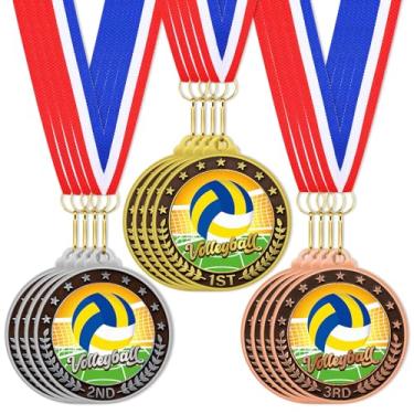 Imagem de Huquary Conjunto de 12 medalhas de voleibol, 1º 2º 3º lugar, troféu de voleibol, a granel com fitas de pescoço, 5 cm, ouro, prata, bronze, troféu, prêmio para competições esportivas