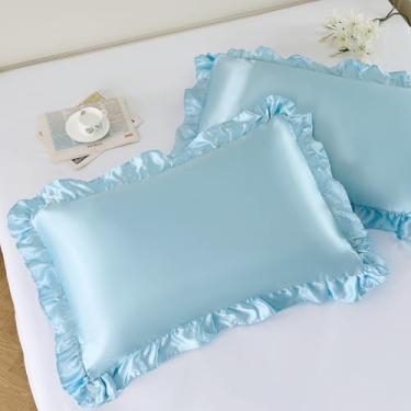 Imagem de NSGZ Conjunto de 2 fronhas de cetim com babados, fronhas de seda tamanho queen para cuidados com o cabelo e a pele, fronhas de cetim azul bebê com fecho de envelope, fronhas antirrugas para decoração