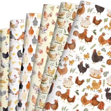 Imagem de Papel de embrulho de frango de fazenda, 12 folhas dobradas para presente de aniversário, Natal, 6 designs fofos de galo de galinha para artesanato de fazenda, 51 x 71 cm dobrado, plano para crianças e