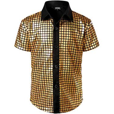 Imagem de JOGAL Camisa social masculina com lantejoulas Camisas abotoadas Disco Festa fantasia anos 70, Dourado, XX-Large