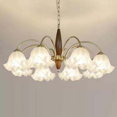 Imagem de Lustre de quarto de meninas para quarto Lustre de flores de meados do século moderno em vidro leitoso Luminária pendente de teto de madeira estilo fazenda Luminária suspensa para sala de est