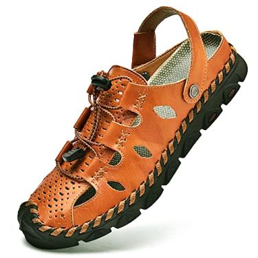Imagem de Sandálias masculinas de couro com bico fechado ao ar livre sandálias de praia antiderrapante, Marrom-1, 10.5