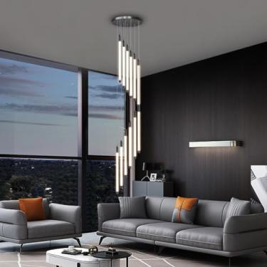 Imagem de Lustre moderno de teto alto, preto, 12 luzes, grande espiral, LED, gota de chuva, luminária suspensa, altura ajustável, adequado para entrada, escada, saguão, sala de estar, hall de entrada