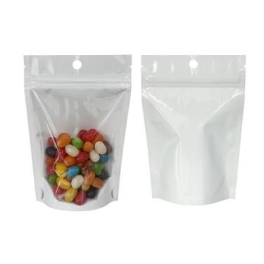 Imagem de PABCK 20 sacos Mylar para armazenamento de alimentos em pé, saco de embalagem de plástico transparente de 20 x 30 cm, bolsa pendurada em folha de alumínio com zíper para doces, lanches, especiarias