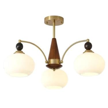 Imagem de Lustre de madeira com 5 luzes, vidro leitoso, latão, moderno, de meados do século, luz de teto, vidro laranja, rústico, fazenda, vintage, pendente, luz para quarto, sala de estar, cozinha, i