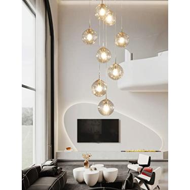 Imagem de Lustre de escada minimalista moderno com 15 luzes, design criativo para sala de estar, loft, hotel, villa, luminária pendente de bola de vidro champanhe para escadas de teto alto (tamanho: 8
