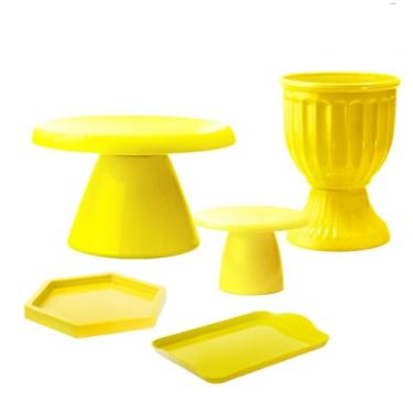 Imagem de Kit Mesa Decorada com Boleira Cogumelo e Acessórios – Vaso, Bandeja e Mini Peças (Amarelo Canário)