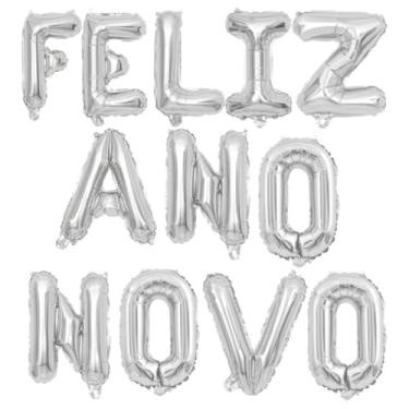 Imagem de Kit 12 Balões Letras Feliz Ano Novo Metalizado Prata Decoração Réveillon Festa Evento Corporativo Elegante Reutilizável Fácil de Encher Formatura Faculdade Escola