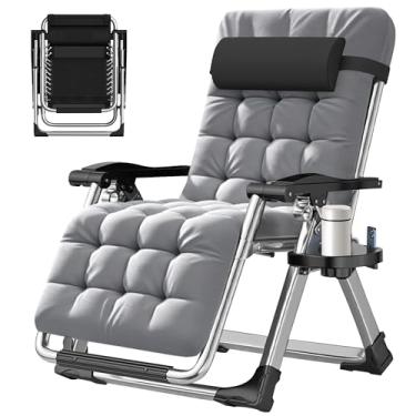 Imagem de ABORON Cadeira de gravidade zero, cadeiras dobráveis de gramado premium, cadeiras de pátio reclináveis ajustáveis resistentes com almofada removível, encosto de cabeça e bandeja