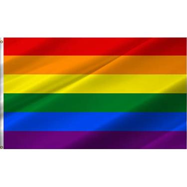 Imagem de ANCONINE Bandeira do arco-íris 1,4 x 2,8 m - 6 listras - Faixa de arco-íris de orgulho gay de apoio à comunidade LGBT com 2 argolas de latão, costura dupla durável e poliéster premium. (5x8)
