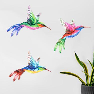 Imagem de 3 peças de metal beija-flor decoração de arte de parede pássaros coloridos decoração de parede ao ar livre decorações de pátio cerca para jardim sala de estar varanda (3 peças)