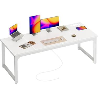 Imagem de Huuger Mesa de 160 x 61 cm com tomadas elétricas e USB-C, mesa de trabalho mais profunda e mais espessa, tubos de metal robustos, mesa de computador, mesa de escritório resistente, mesa de jogos de