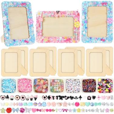 Imagem de Thyle Kit de artesanato de pintura de porta-retratos para fotos de 10 x 15 cm, 4 peças de molduras de madeira inacabadas DIY com adesivos de contas, pinças para artesanato faça você mesmo, presentes