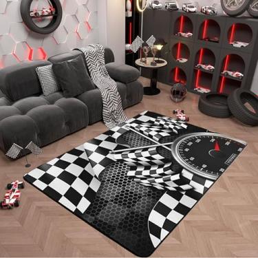 Imagem de Tapete com tema de carro de corrida 5 x 6'6 polegadas (150 cm x 200 cm x 1 cm), tapete decorativo de bandeira quadriculada preto branco para adolescentes, tapete decorativo de geometria de favo de mel