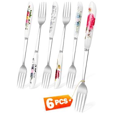 Imagem de Conjunto de talheres de aço inoxidável para 6 garfos – Garfos de jantar duráveis com alças de cerâmica e design floral chique, resistente e seguro para lava-louças, itens de jantar e sobremesa