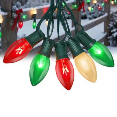 Imagem de Konictom Luzes de Natal C9 de 6 m ao ar livre, luzes de Natal vermelhas brancas e verdes com 26 lâmpadas (1 sobressalente), base C9/E17, luzes de Natal coloridas vintage para jardim, quintal, festa