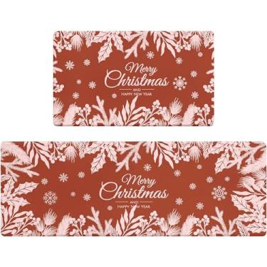Imagem de AMM Conjunto de 2 tapetes de cozinha de Natal, vermelho, bege, ramos de pinheiro, folhas, para chão, antifadiga, floco de neve, decoração de cozinha de Natal, antiderrapante, acolchoado com espuma