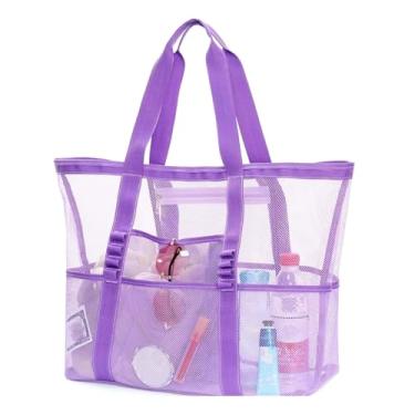 Imagem de Bolsa de praia grande de malha, bolsa de praia com bolsos com zíper - Piscina familiar, brinquedos e itens essenciais para férias, Roxa, Large