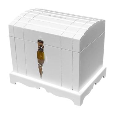 Imagem de Cofrinho de Dinheiro, Baú Cofre Madeira Mdf E Cadeado(Branco)