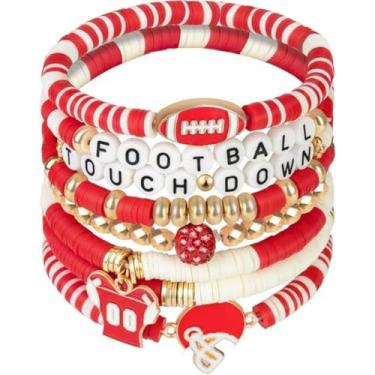Imagem de KLSKLYL 【Conjunto de 8 peças de pulseiras Super Bowl】 Pulseiras com tema esportivo para dia de jogo – Conjunto de miçangas unissex de futebol, basquete, vôlei e beisebol, One Size, Argila de polímero