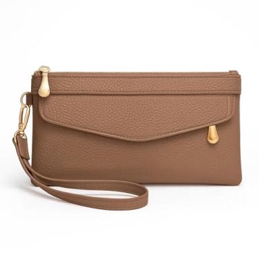 Imagem de Carteira feminina compacta com porta-cartões com bolso para moedas com zíper para viagens, compras, Marrom, Casual