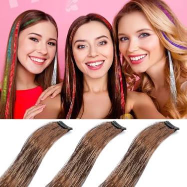 Imagem de Grampos de cabelo com tinsel de cabelo colorido 3 peças, 19,8 polegadas 1060 fios decorações de cabelo coloridas acessórios de grampos de cabelo (pacote com 3, marrom#)