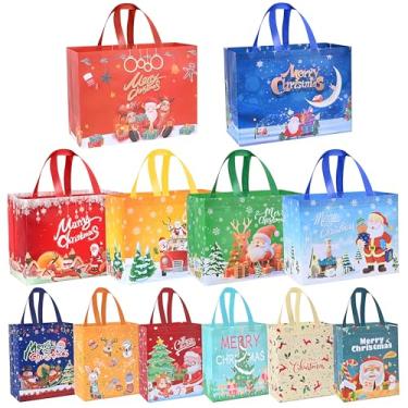 Imagem de RICEDUO Pacote com 12 sacos de presente de Natal de tamanhos variados, sacolas reutilizáveis para presente incluem 2 sacos de Natal extra grandes, 4 grandes, 6 pequenos, não tecidos para lembrancinhas