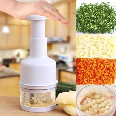 Imagem de Picador Manual de Alimentos Premium, Plástico Branco com Lâminas em Aço Inox, 20cm, Sistema Multi-Camadas para Picar Cebola, Alho, Legumes, Temperos, Vinagretes, Acionamento por Pressão
