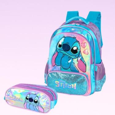 Imagem de Mochila de Costas Stitch + Estojo Triplo  Holográfica  Azul ou Roxa - 