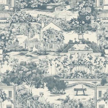 Imagem de VEELIKE Papel de parede Slate Blue Toile French Country Manor Peel and Stick para quarto banheiro 43 cm x 395 cm papel de parede de casa de campo removível vintage papel de parede azul papel de