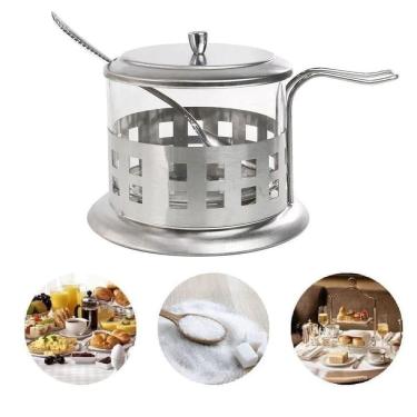 Imagem de Acucareiro Inox Vidro Prata Kit Completo Luxo Colher Tampa Removivel Porta Acucar Sal Pote Alca Cha Cafe