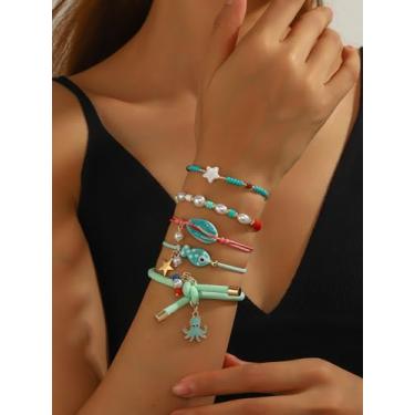 Imagem de Conjunto de 5 pulseiras femininas estilo oceano com contas estilo oceano, pulseira boho de verão com polvo, estrela do mar, concha de liga e miçangas, pulseiras de amizade de corda ajustável para