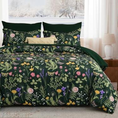 Imagem de Yiran Conjunto de edredom floral, tamanho casal, 7 peças, verde escuro, cama de primavera em uma bolsa com estampa de flores botânicas, conjunto completo de microfibra macia com lençóis para todas as