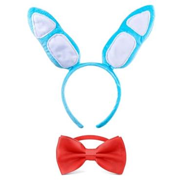 Imagem de Conjunto de tiara de orelhas de coelho azuis e gravata borboleta vermelha, acessórios de fantasia, vestido de festa, azul claro e vermelho, Azul, One Size