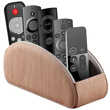 Imagem de YAPISHI Suporte de controle remoto de TV de couro multifuncional com 5 compartimentos, mesa de cabeceira, leitor de DVD, caixa de armazenamento remota, bandeja organizadora para pincéis de maquiagem, caneta, controladores de mesa